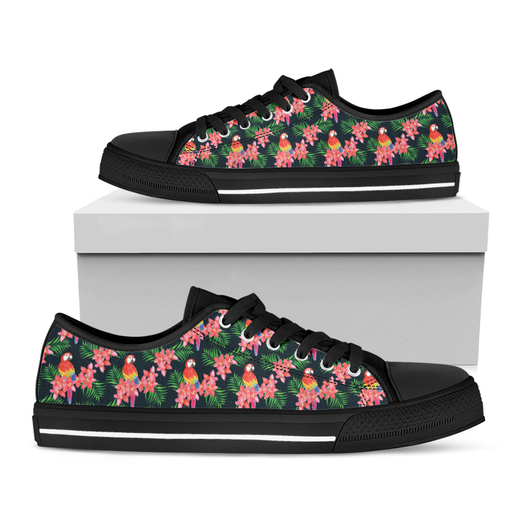 Tropical Parrot Pattern Print Black Low Top Sneakers
