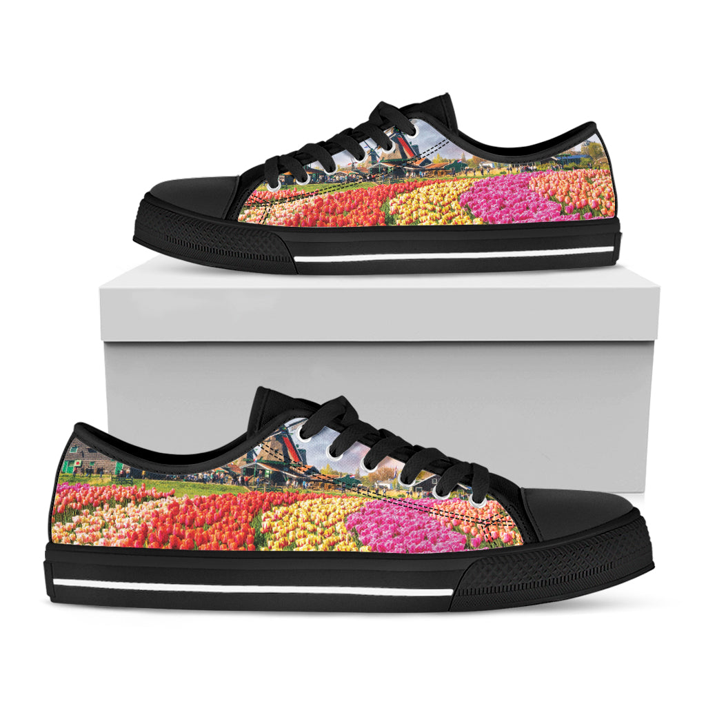 Tulip Field Print Black Low Top Sneakers