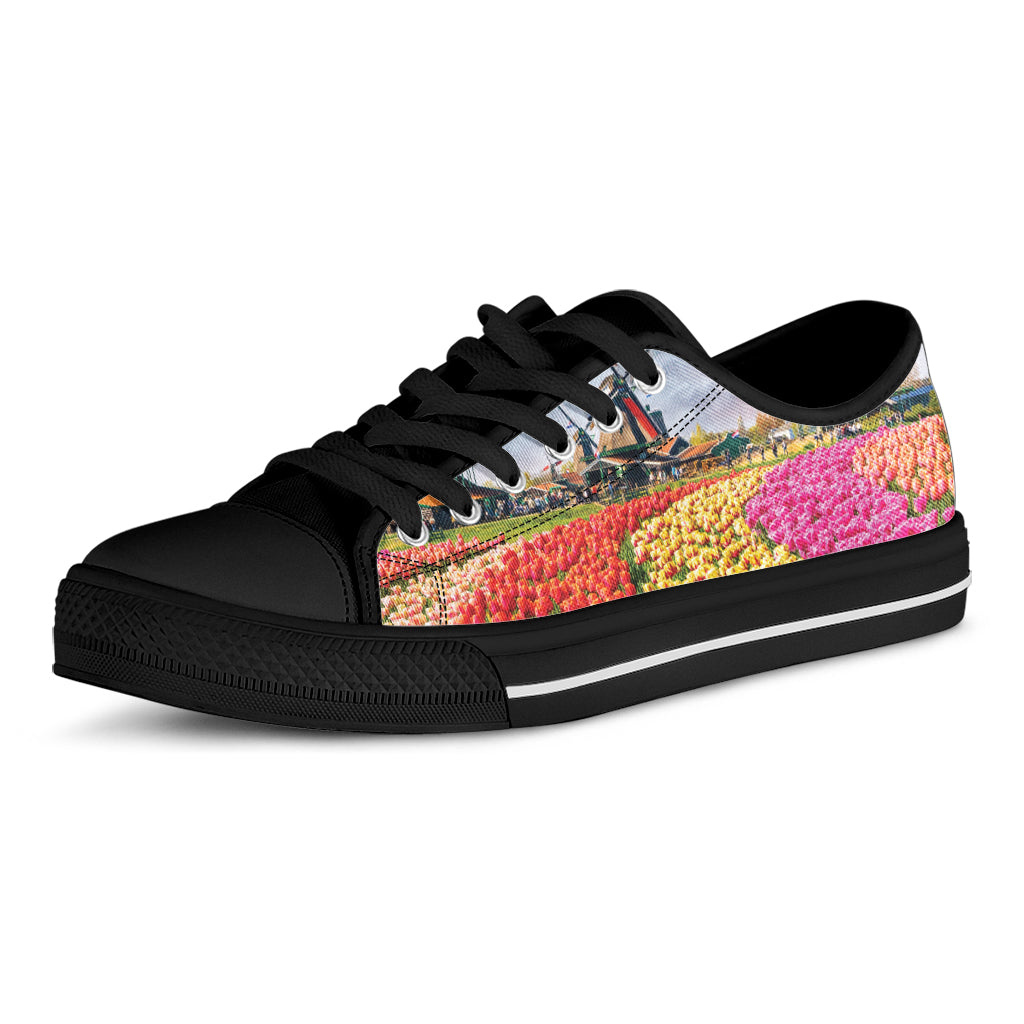 Tulip Field Print Black Low Top Sneakers