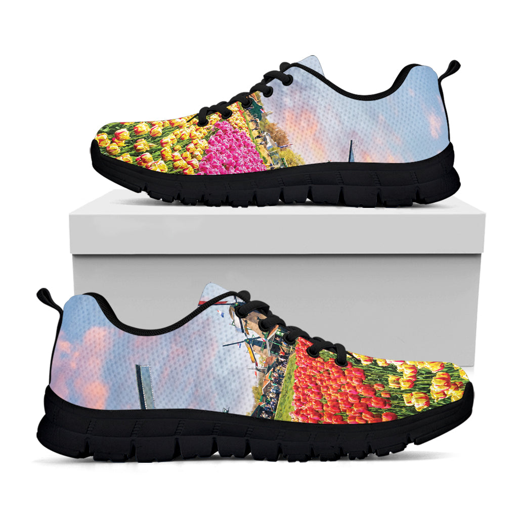 Tulip Field Print Black Running Shoes