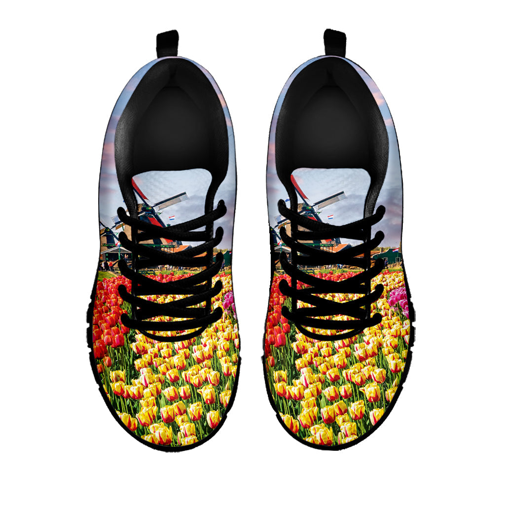 Tulip Field Print Black Running Shoes