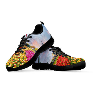 Tulip Field Print Black Running Shoes