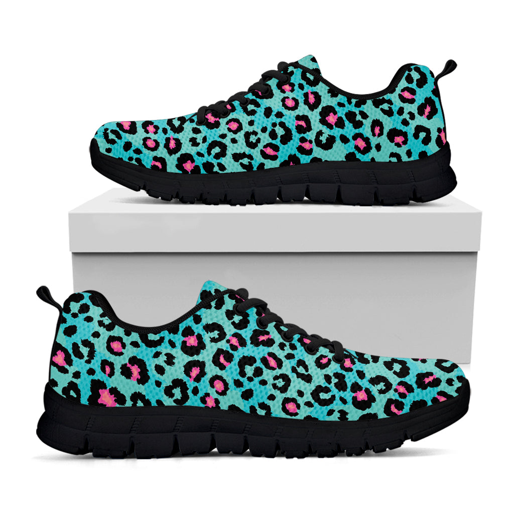 Turquoise And Pink Leopard Print Black Running Shoes