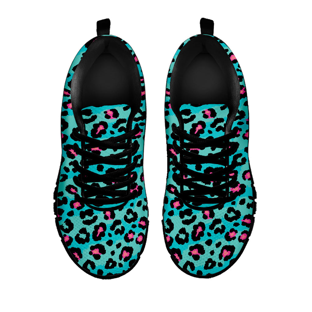 Turquoise And Pink Leopard Print Black Running Shoes