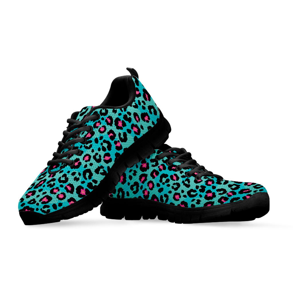 Turquoise And Pink Leopard Print Black Running Shoes