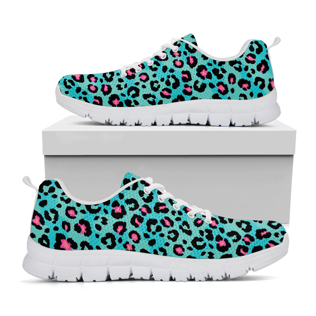 Turquoise And Pink Leopard Print White Running Shoes