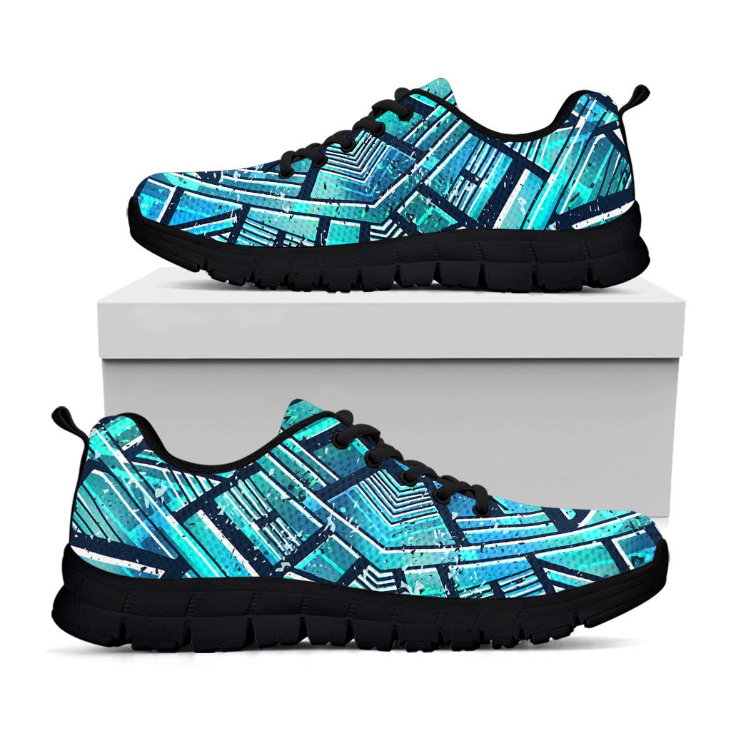 Turquoise Ethnic Aztec Trippy Print Black Running Shoes