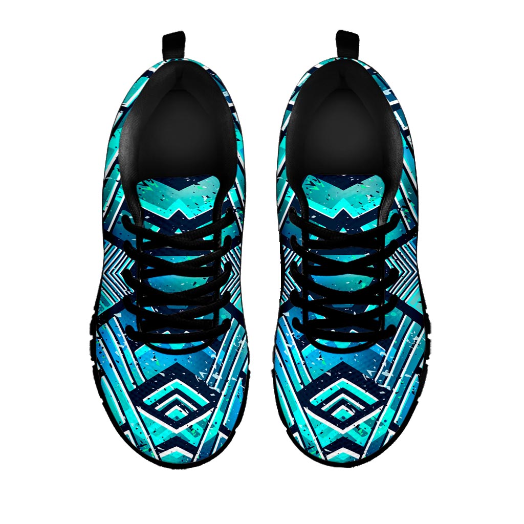 Turquoise Ethnic Aztec Trippy Print Black Running Shoes