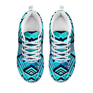 Turquoise Ethnic Aztec Trippy Print White Running Shoes