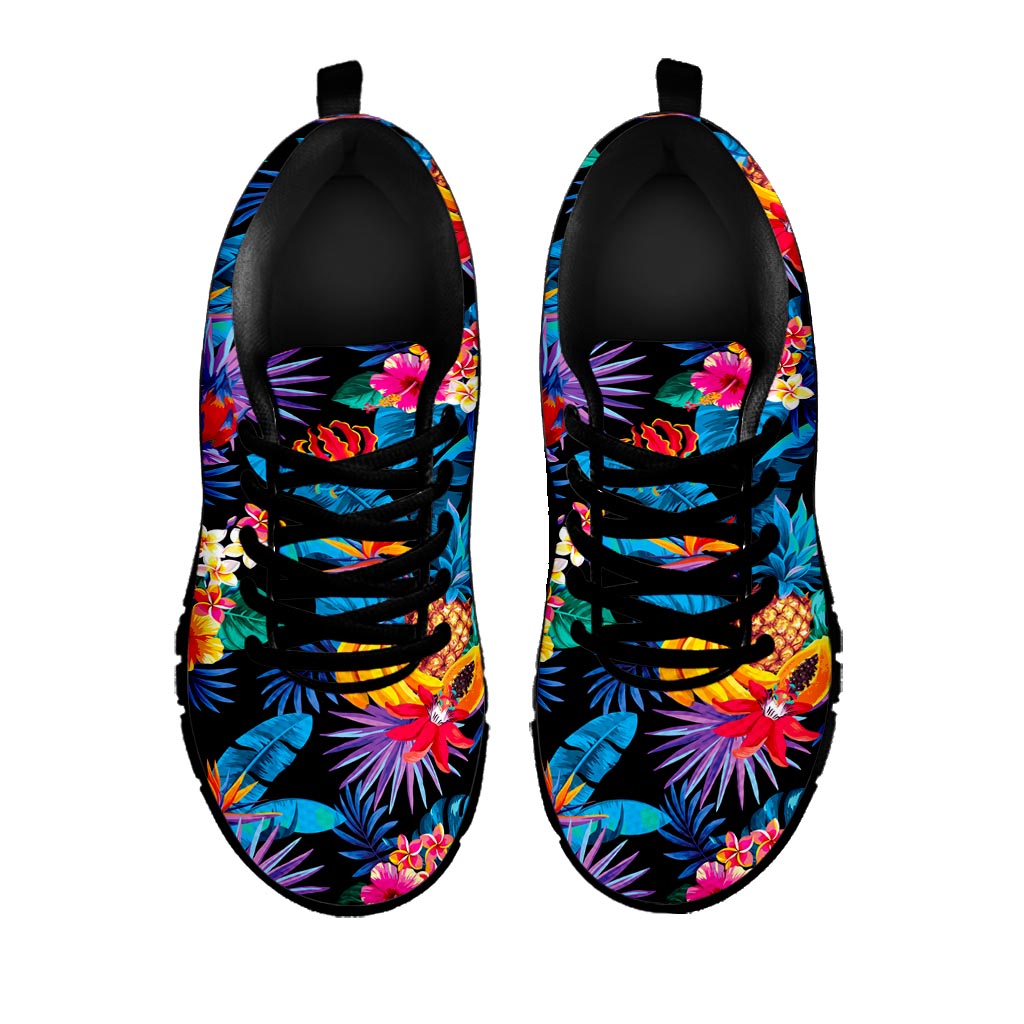 Turquoise Hawaiian Fruits Pattern Print Black Running Shoes