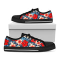 Turquoise Leaves Hibiscus Pattern Print Black Low Top Sneakers
