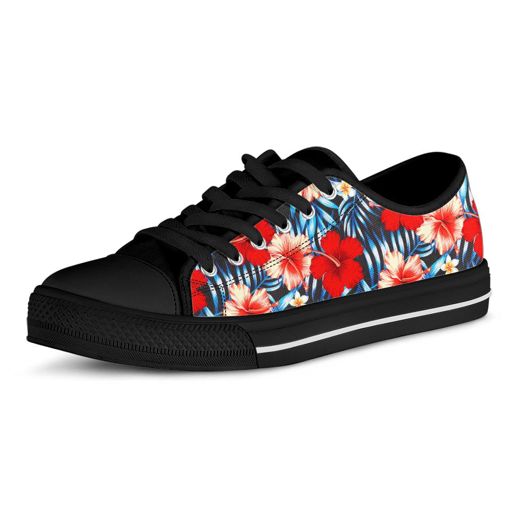 Turquoise Leaves Hibiscus Pattern Print Black Low Top Sneakers