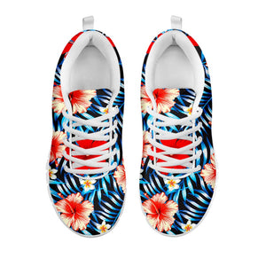 Turquoise Leaves Hibiscus Pattern Print White Running Shoes