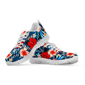 Turquoise Leaves Hibiscus Pattern Print White Running Shoes
