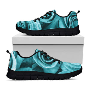 Turquoise Rose Flower Print Black Running Shoes