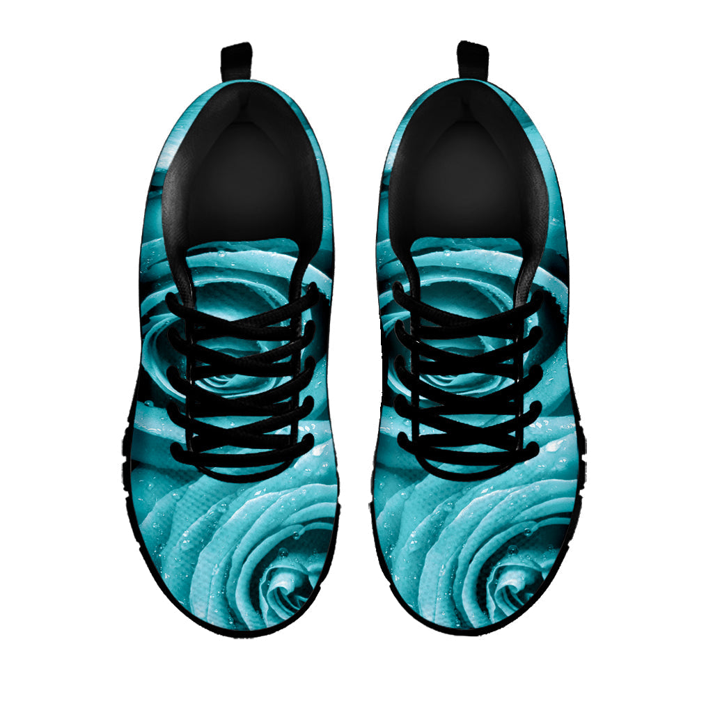 Turquoise Rose Flower Print Black Running Shoes