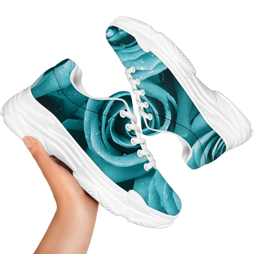 Turquoise Rose Flower Print White Chunky Shoes