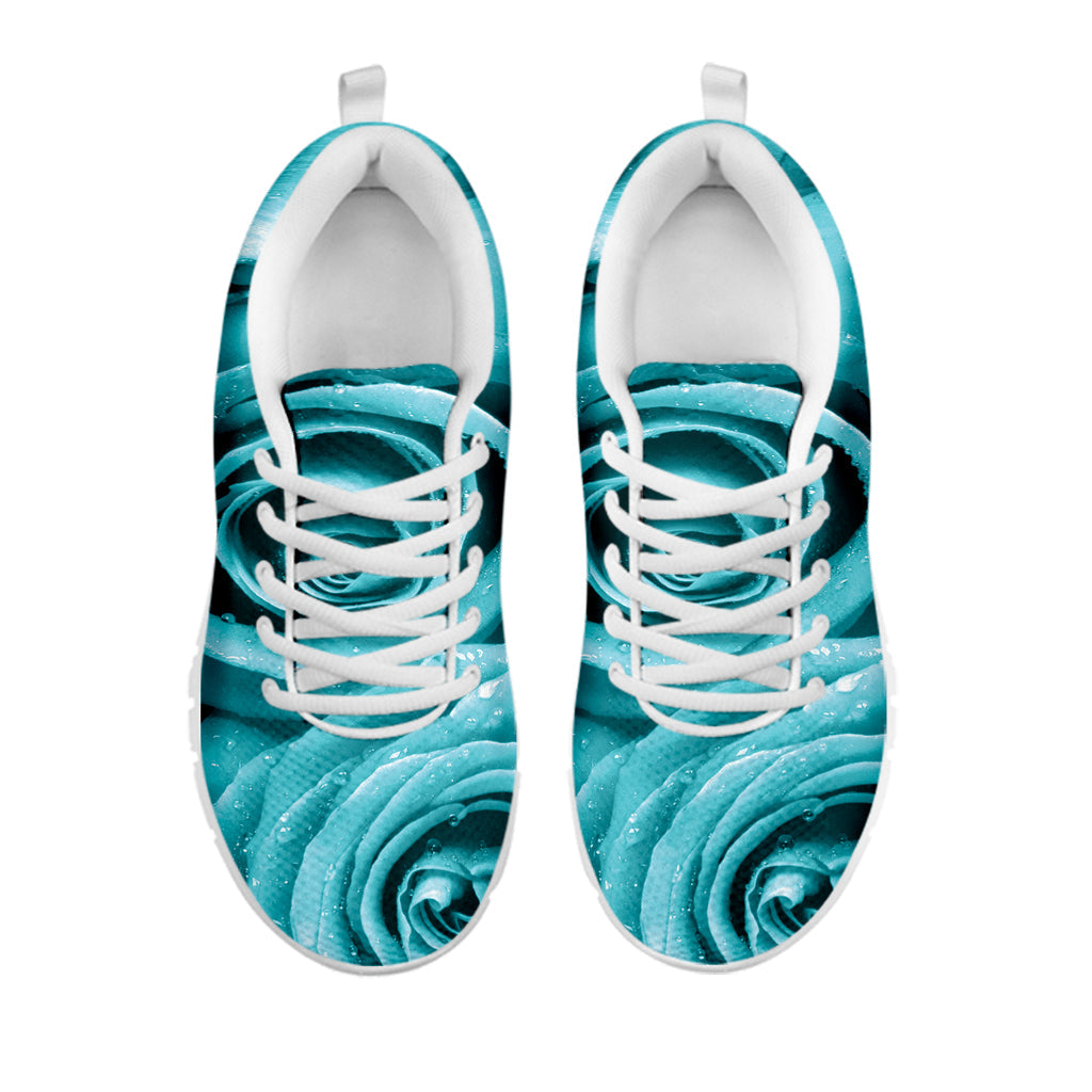 Turquoise Rose Flower Print White Running Shoes