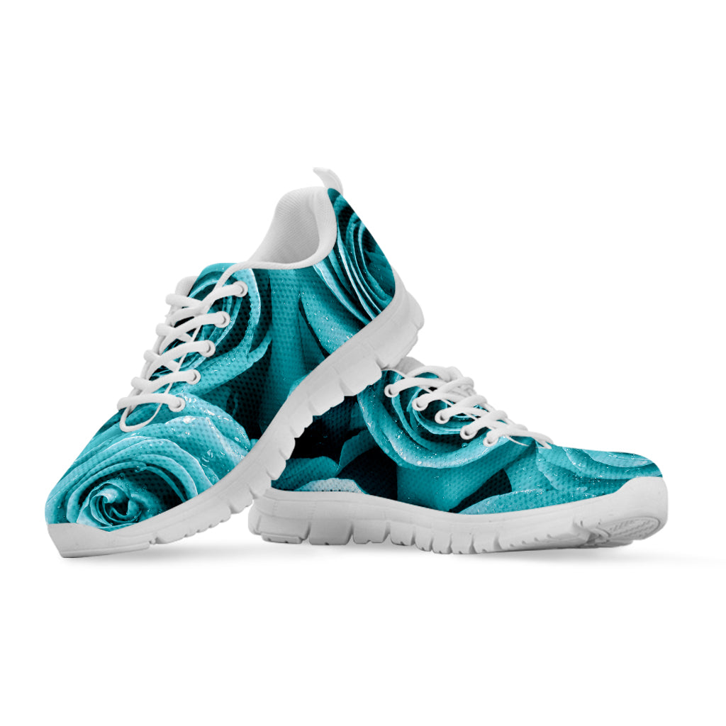 Turquoise Rose Flower Print White Running Shoes