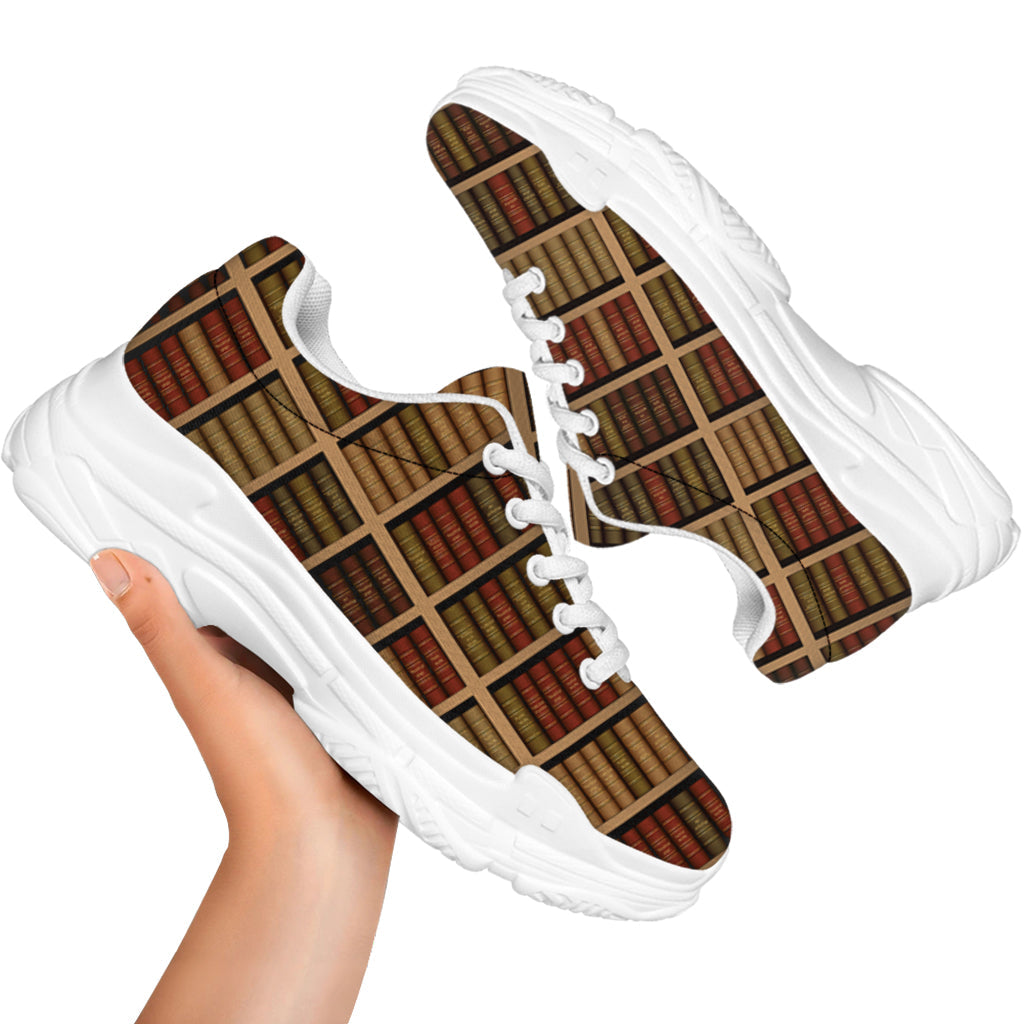 Vintage Bookshelf Pattern Print White Chunky Shoes