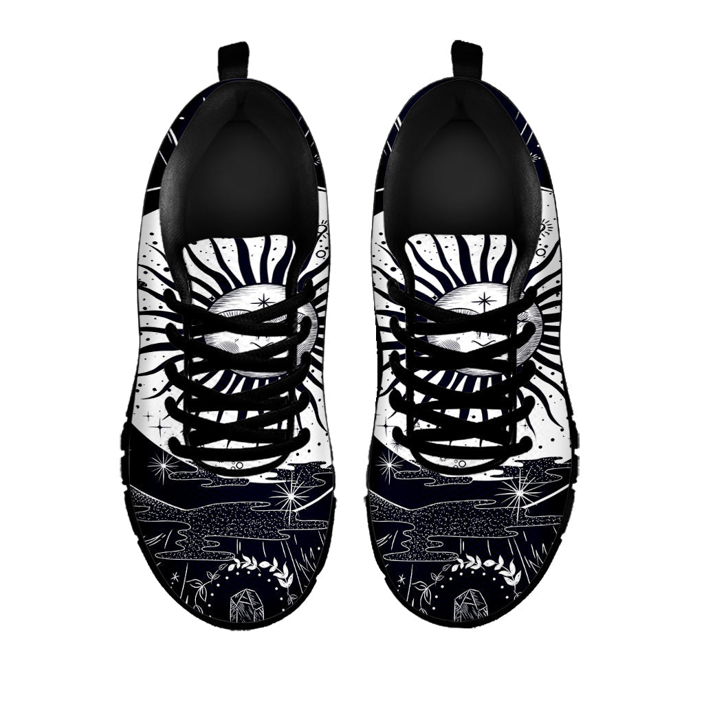 Vintage Celestial Sun Print Black Running Shoes