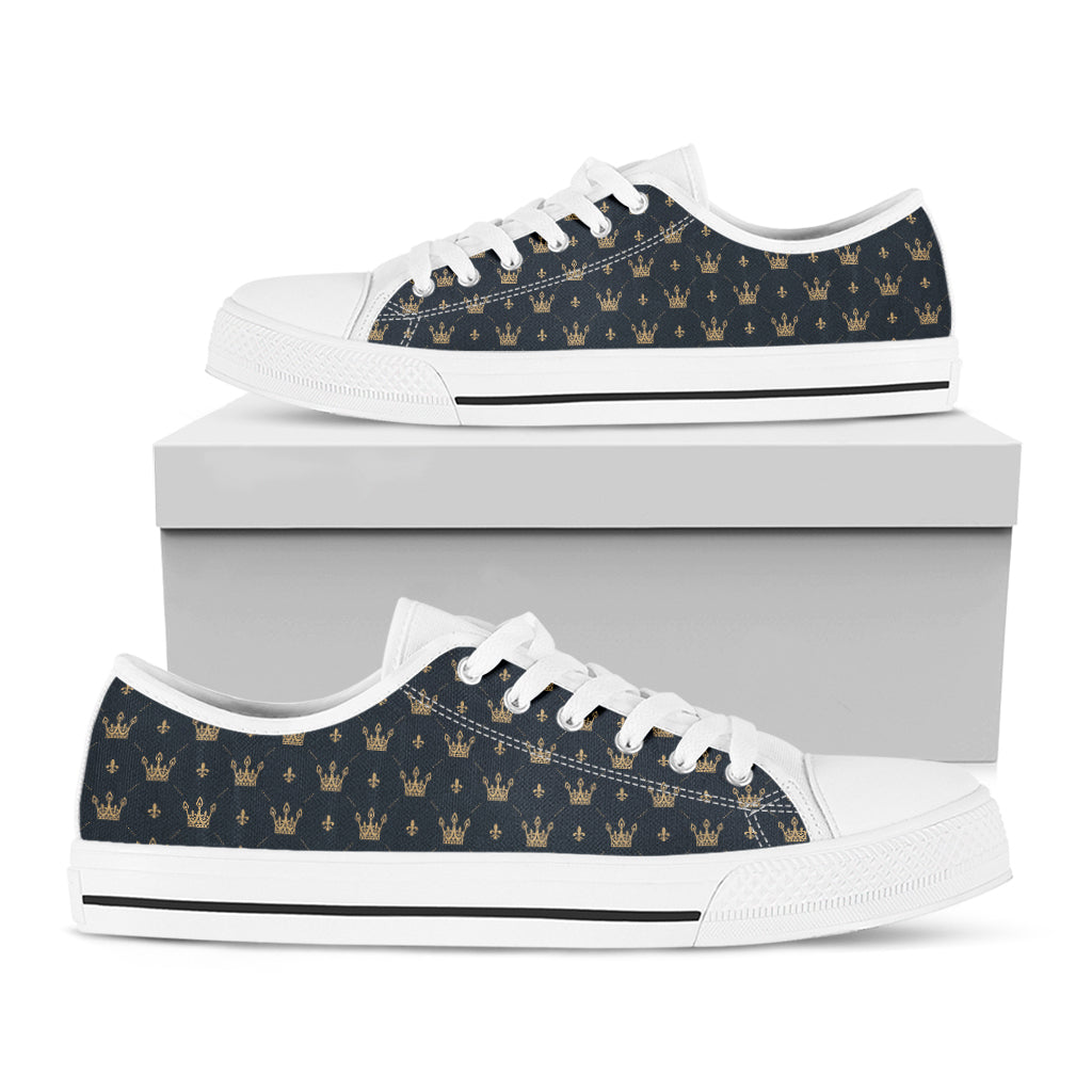 Vintage Crown Pattern Print White Low Top Sneakers