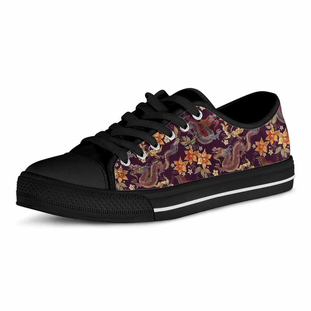 Vintage Dragon Flower Pattern Print Black Low Top Sneakers