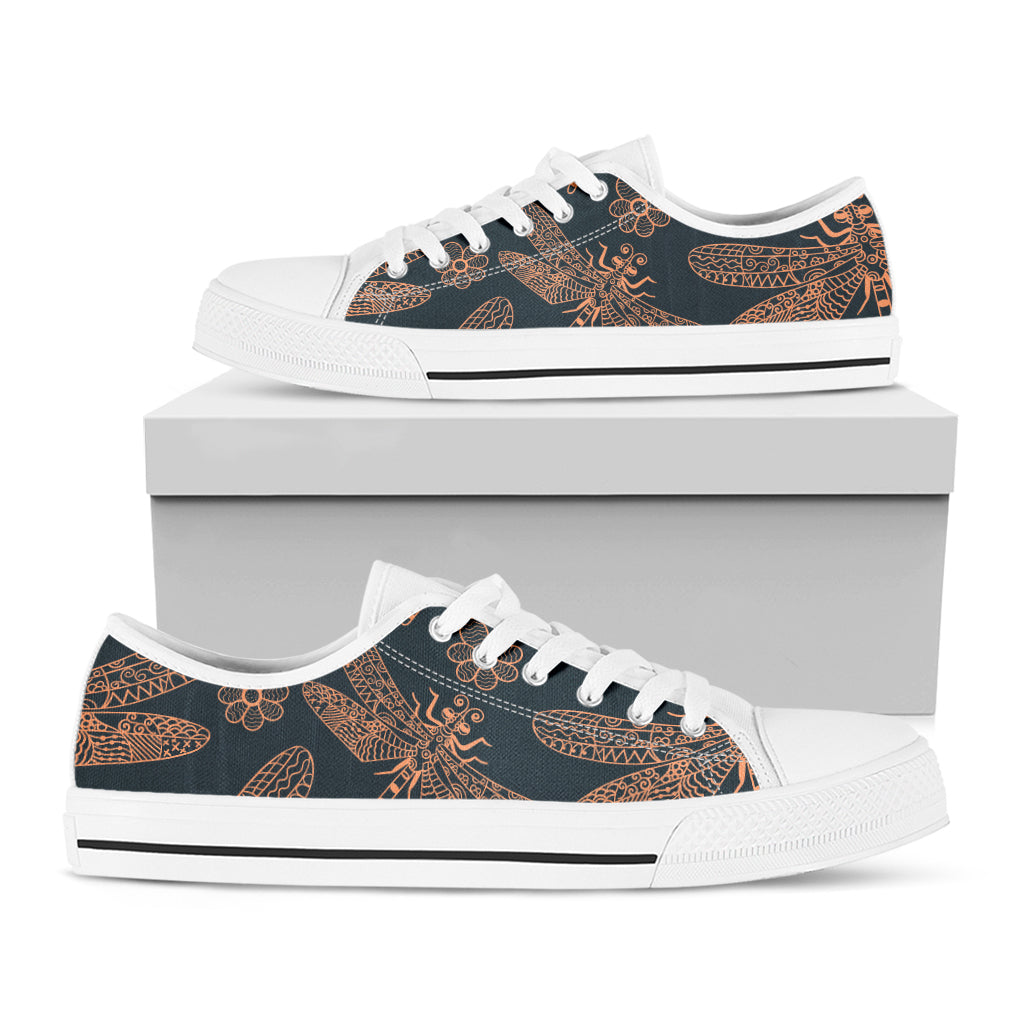 Vintage Dragonfly Pattern Print White Low Top Sneakers