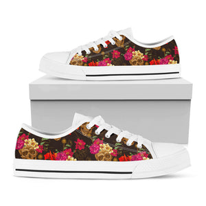 Vintage Flowers Skull Pattern Print White Low Top Sneakers