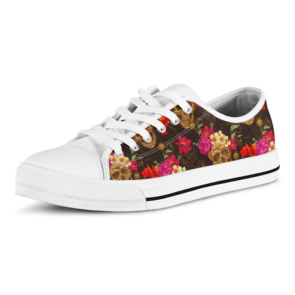 Vintage Flowers Skull Pattern Print White Low Top Sneakers