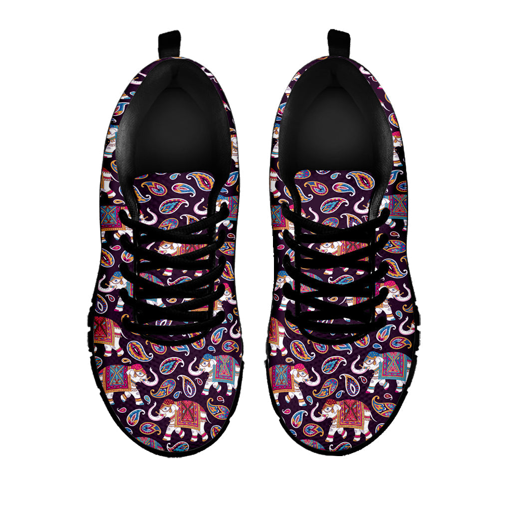 Vintage Indian Elephant Pattern Print Black Running Shoes