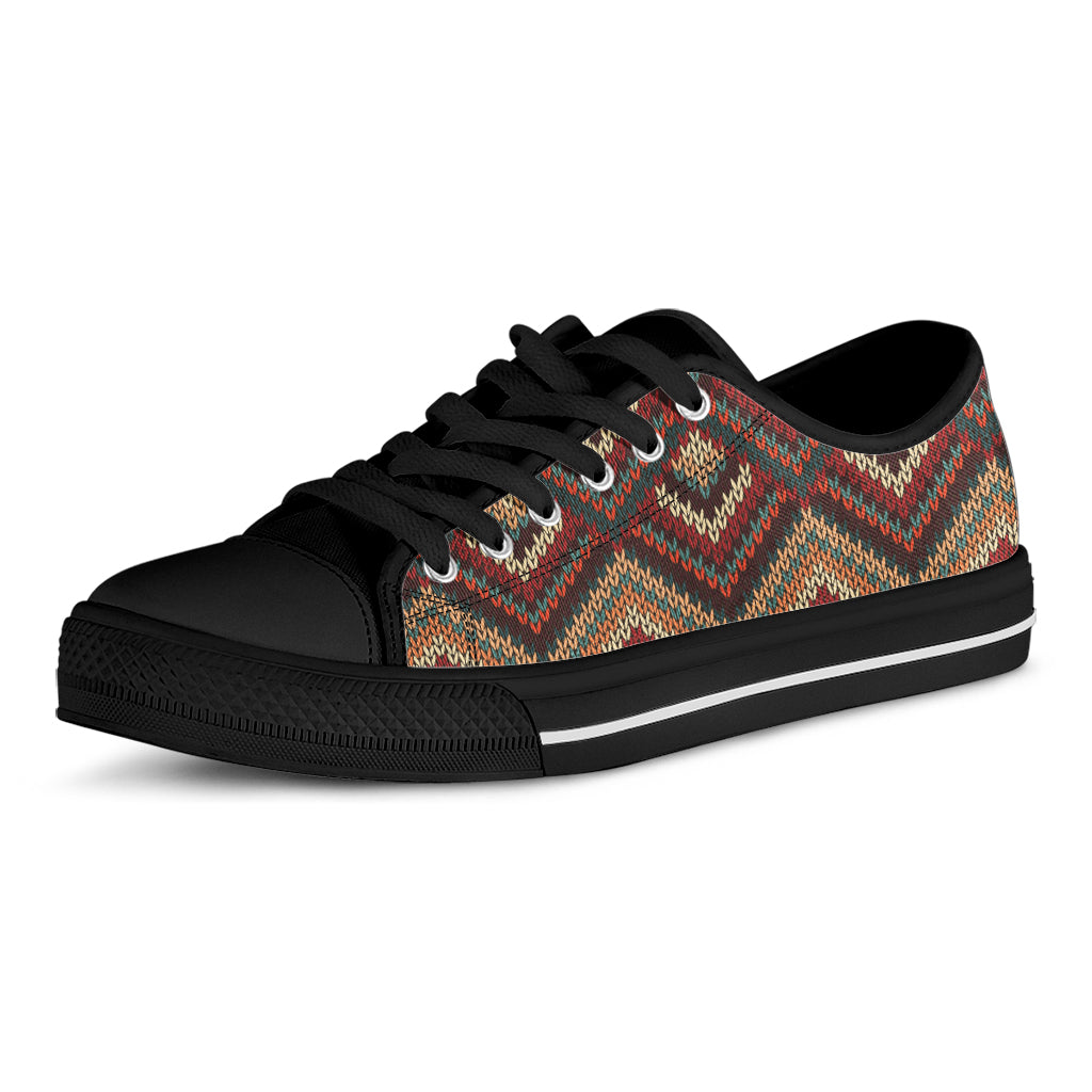 Vintage Knitted Pattern Print Black Low Top Sneakers