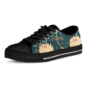 Vintage Lotus Pattern Print Black Low Top Sneakers