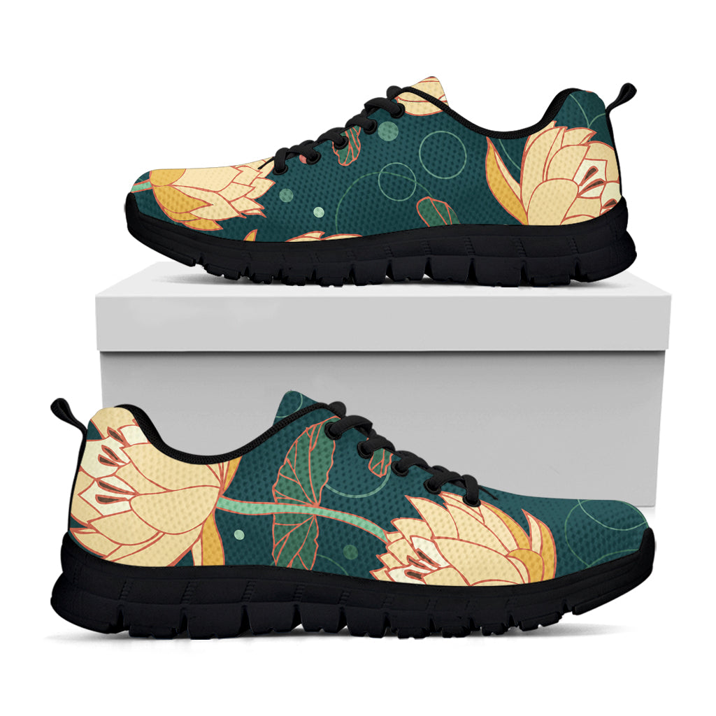Vintage Lotus Pattern Print Black Running Shoes