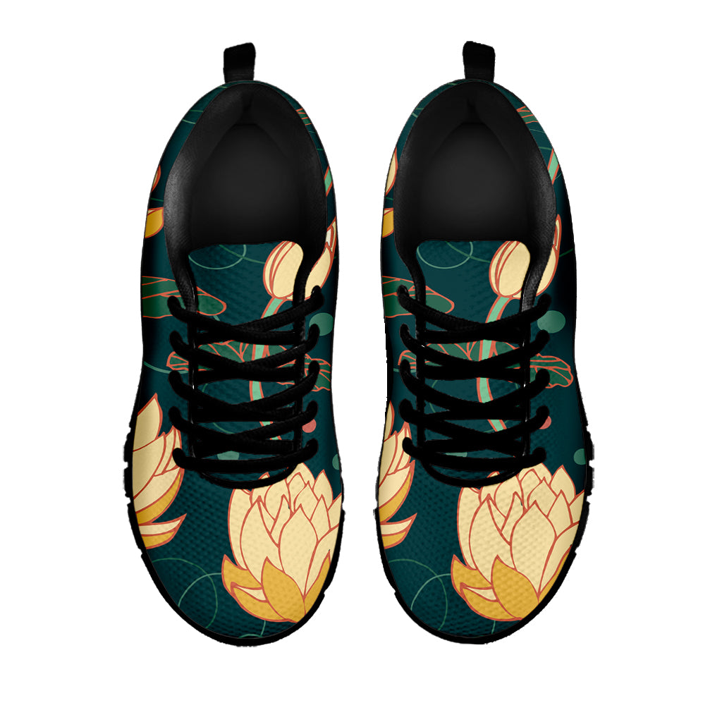 Vintage Lotus Pattern Print Black Running Shoes