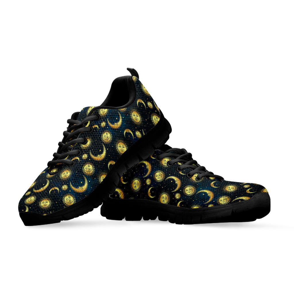 Vintage Moon And Sun Pattern Print Black Running Shoes