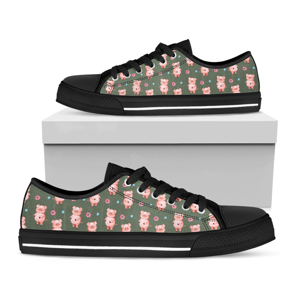 Vintage Pink Pig Pattern Print Black Low Top Sneakers