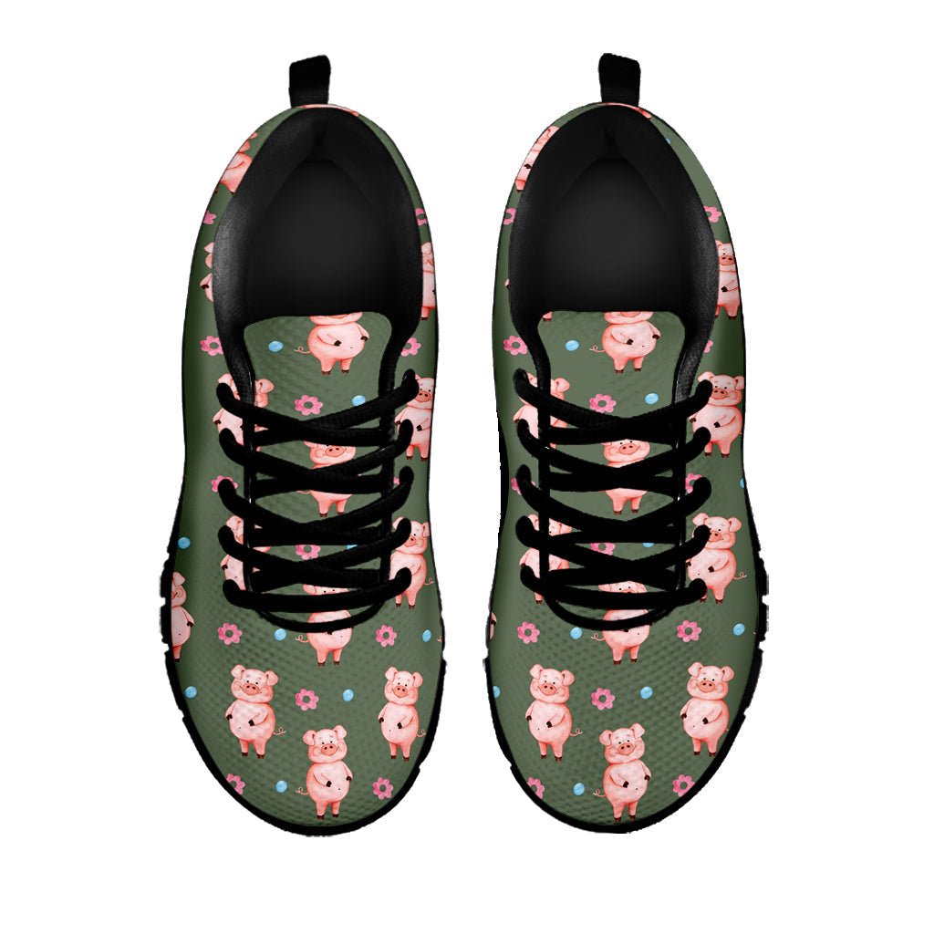 Vintage Pink Pig Pattern Print Black Running Shoes