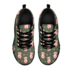 Vintage Pink Pig Pattern Print Black Running Shoes
