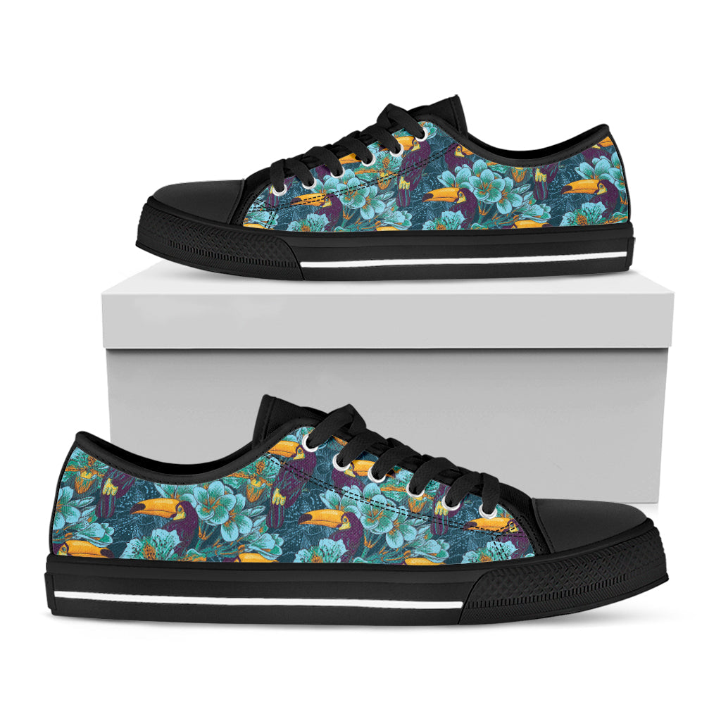 Vintage Toucan Pattern Print Black Low Top Sneakers