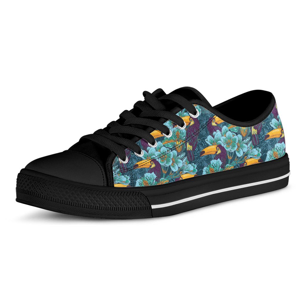 Vintage Toucan Pattern Print Black Low Top Sneakers