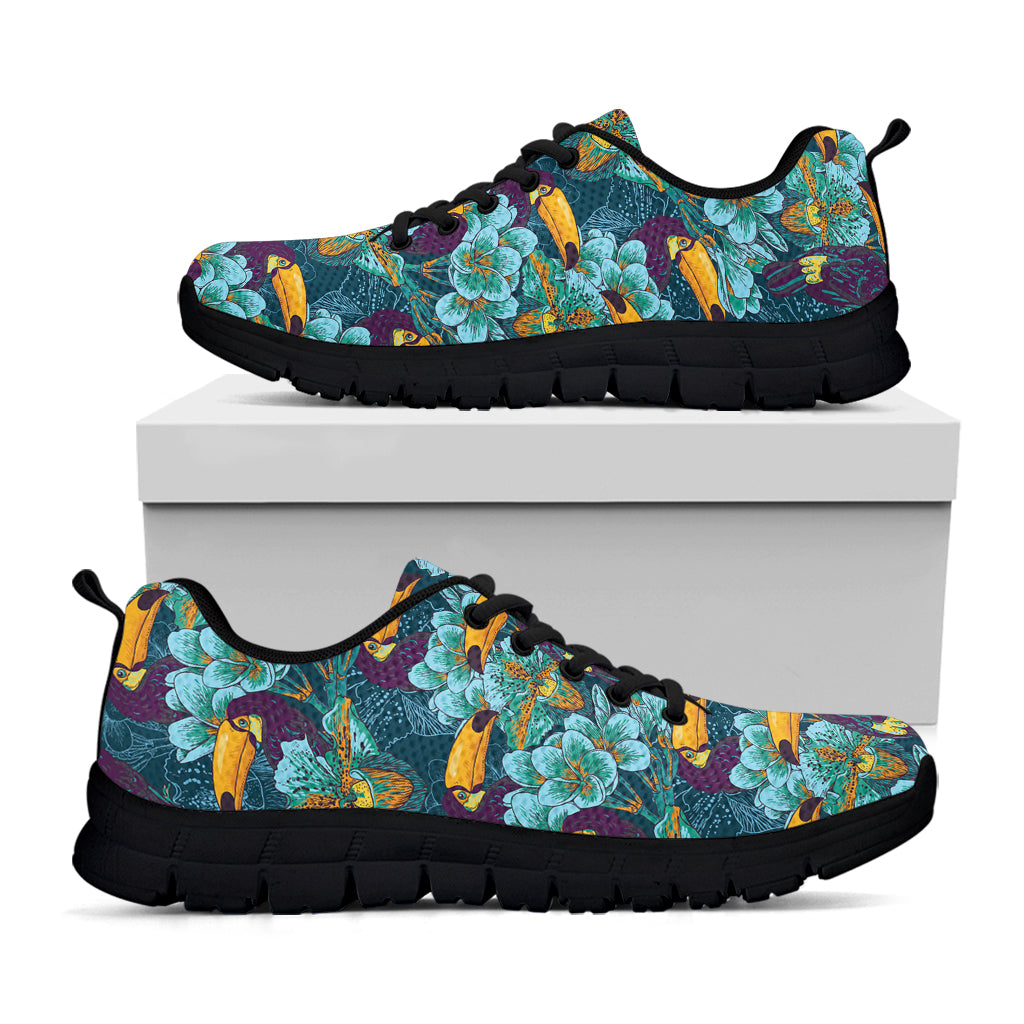 Vintage Toucan Pattern Print Black Running Shoes