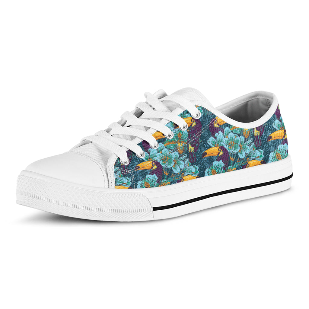 Vintage Toucan Pattern Print White Low Top Sneakers