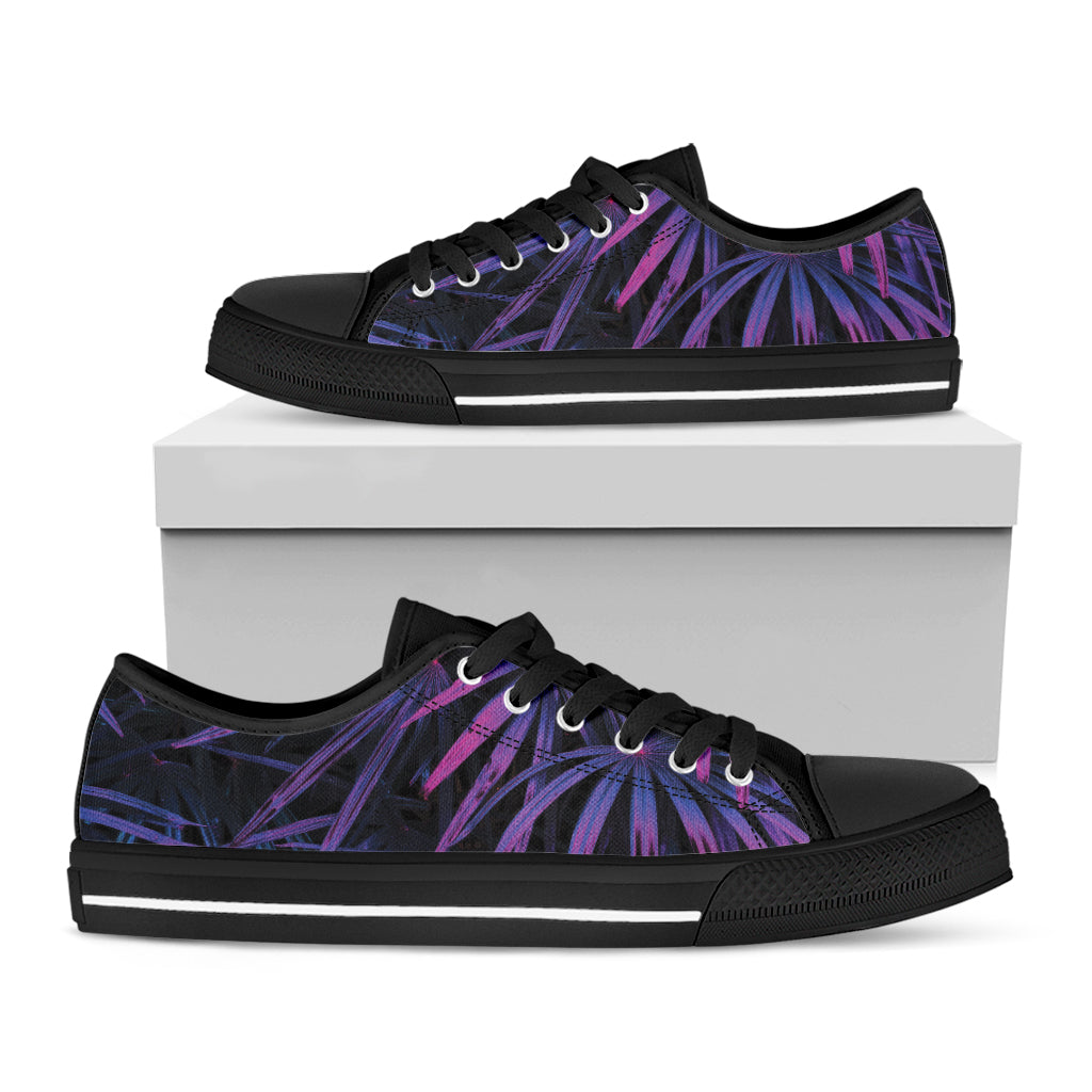 Violet Tropical Leaves Print Black Low Top Sneakers