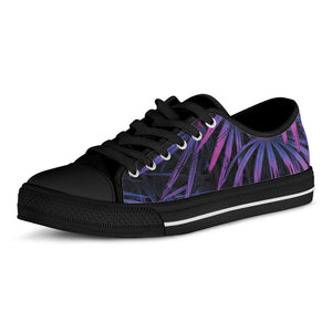 Violet Tropical Leaves Print Black Low Top Sneakers
