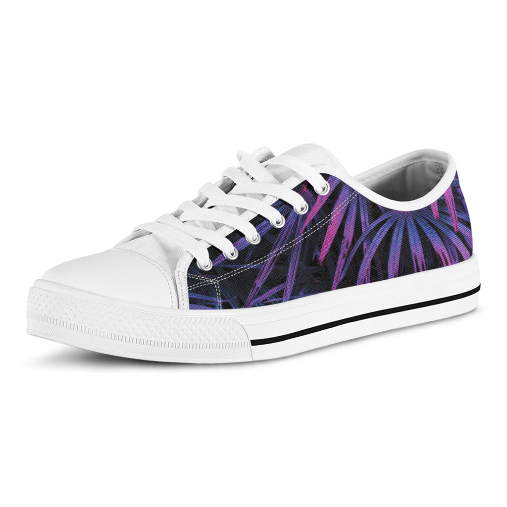 Violet Tropical Leaves Print White Low Top Sneakers
