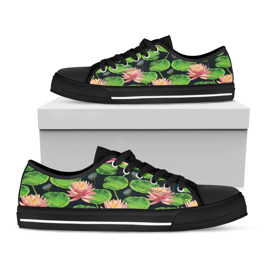 Water Lily Flower Pattern Print Black Low Top Sneakers