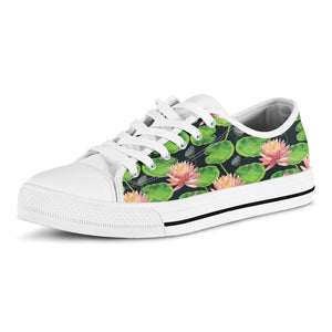 Water Lily Flower Pattern Print White Low Top Sneakers