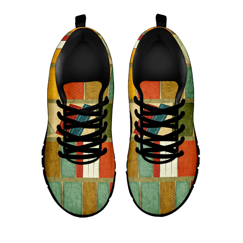 Watercolor Bookshelf Pattern Print Black Running Shoes