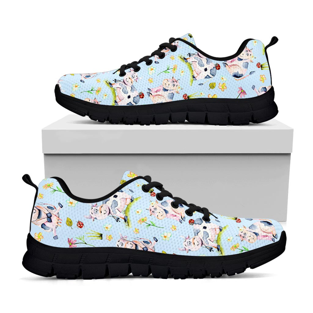 Watercolor Cartoon Cow Pattern Print Black Running Shoes